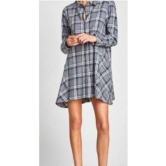 Zara  gray plaid tunic top button up collar flannel long sleeve academia size L - Picture 7 of 16